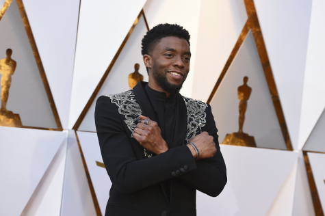 Chadwick Boseman  at the Oscars doing the infamous Wakanda forever pose from Black Panther