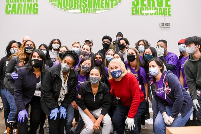 AOC (center) at the Houston Food Bank with Sheila Jackson Lee to her immediate left and Sylvia Garcia to her immediate right (AOC’s twitter)