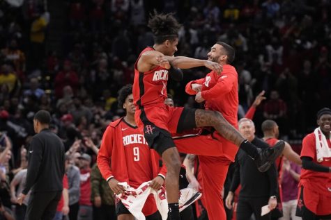 The Houston Rockets celebrate a victory over the Los Angeles Lakers. 