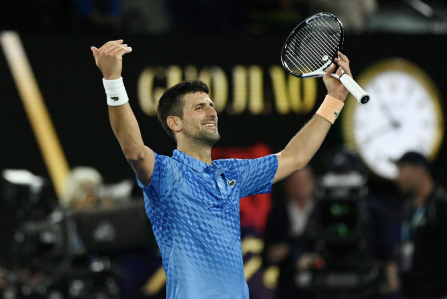 Novak Djokovic encourages the crowd filled with fans to cheer him on during the final’s match against Stefanos Tsitsipas.